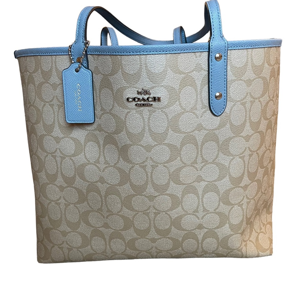 SOLD! Coach Signature Monogram City Tote Reversible Bag Beige Cornflower Blue - Picture 1 of 8